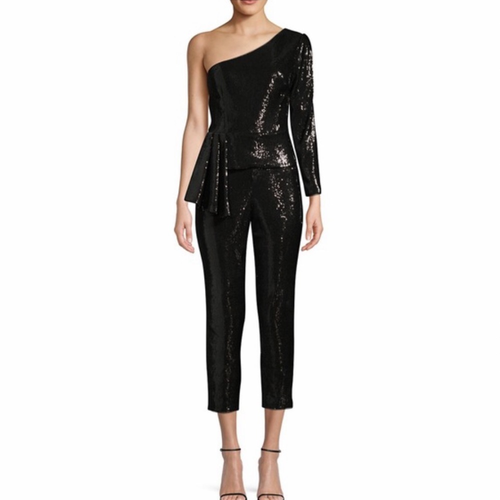 Aidan Mattox Black Sequin Peplum Jumpsuit Size 8